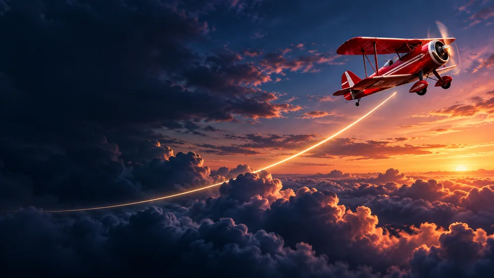 Avion biplan rouge en plein ciel, illustration thématique originale pour le guide Aviator