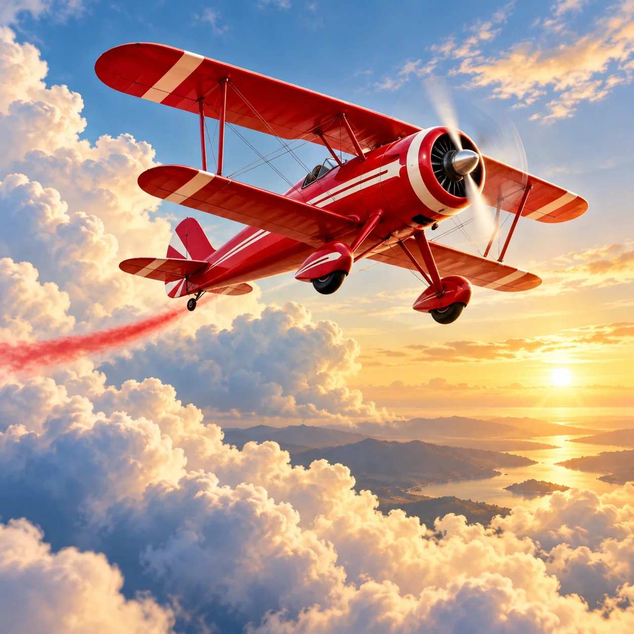 Illustration originale d’un biplan rouge qui traverse les nuages au crépuscule