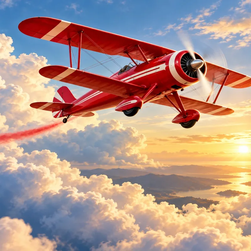 Biplan rouge dans un ciel bleu, illustration carrée du thème aérien d’Aviator
